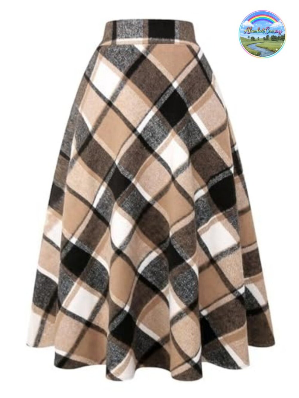 Wool Plaid A-Line Pleated Tartan Long Skirt Elastic Waist